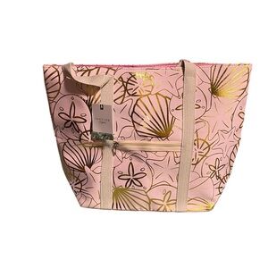 Sunglow Style Pink Tote Bag with Gold Shell & Starfish Print Beachy Summer Tote